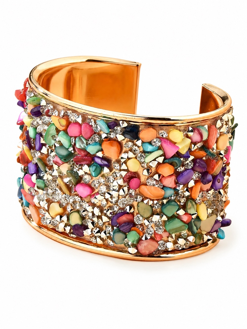 Gold Cuff Bracelet with Multicolor Beads and Crystals